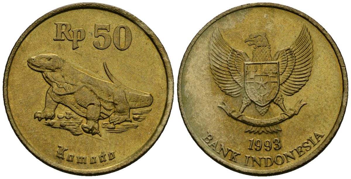 Индонезия 50 рупий 1993 комодский дракон KM 52 алюминиевая бронза 4136-1047