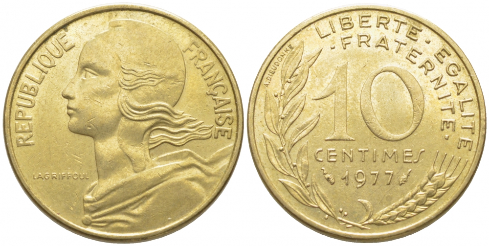 ФРАНЦИЯ 10 САНТИМОВ 1977 ТИП MARIANNE KM 929 медь алюминий никель 105-1221