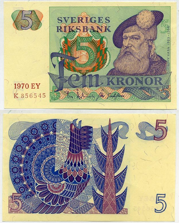 Швеция 5 крон 1970 EY, Густав I Ваза Pick 51b бумага aUNC 445-59-3