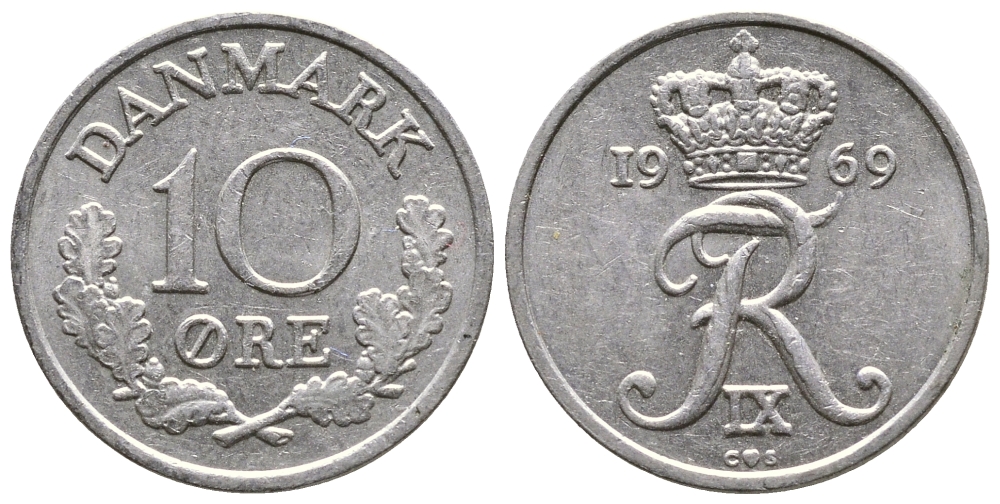 Дания 10 эре 1969 C,S, Фредерик IX (1947-1972) KM 849.1 медно-никель 26-926