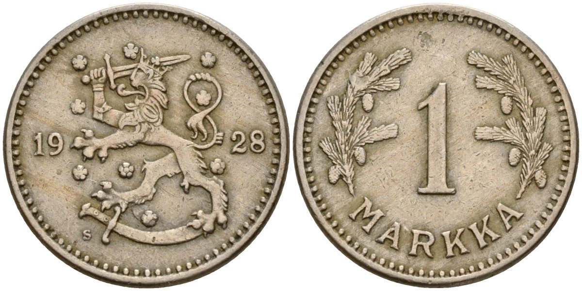 Финляндия 1 марка 1928 S KM 30 медно-никель 4580-1269