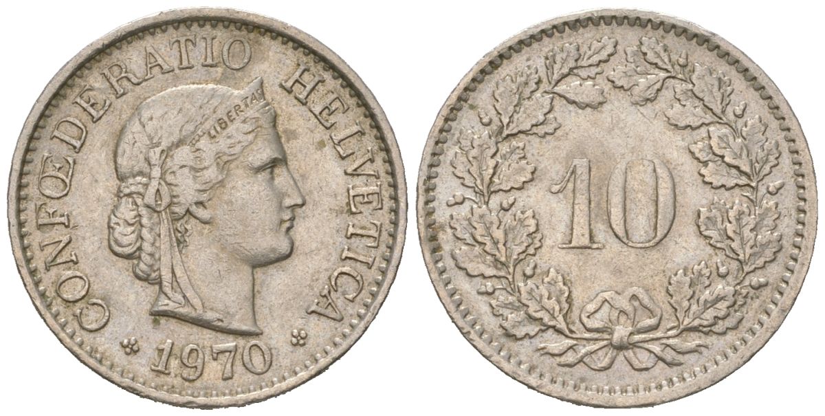 Швейцария 10 раппенов 1970 KM 27 медно-никель aUNC 4618-163