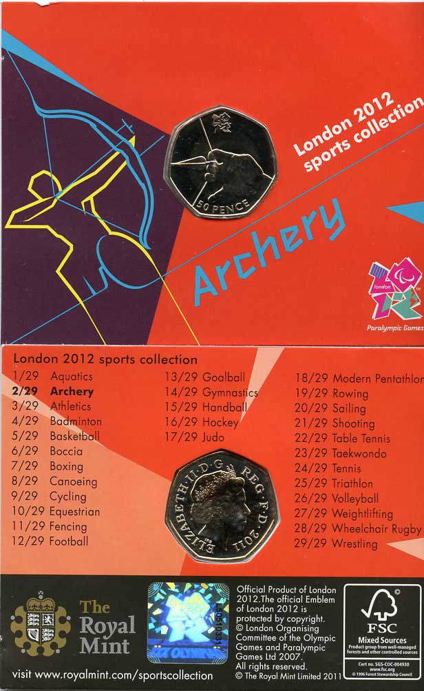 Великобритания 50 пенсов 2011 XXX летние Олимпийские игры в Лондоне в 2012 году, стрельба из лука, в оригинальном картонном буклете, с Олимпийской голограммой (2/29) KM 1167 медно-никель  UNC  3-6-6-03