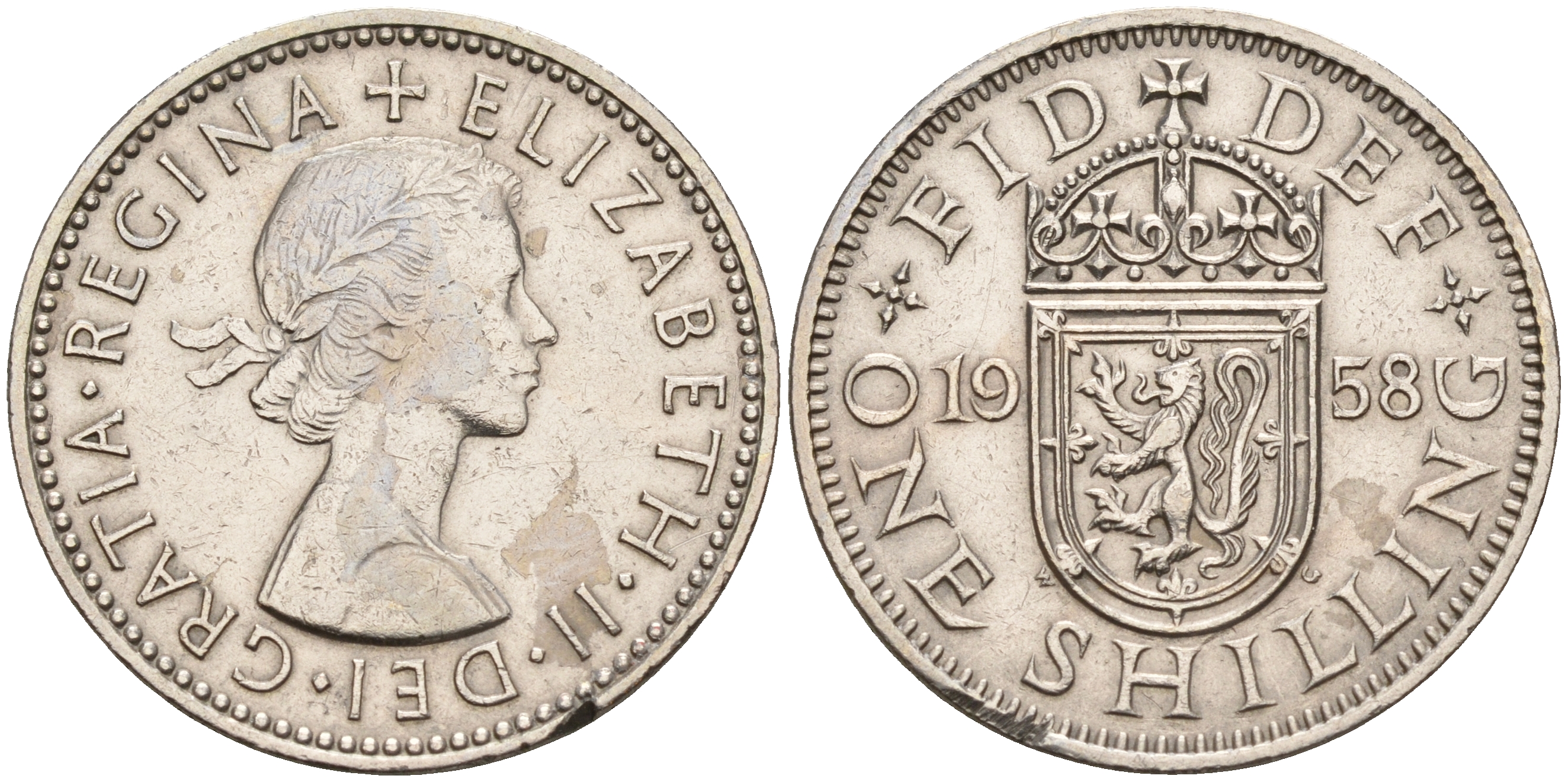 Великобритания 1 шиллинг 1958 Елизавета II (1952-2022), Шотландский герб KM 905, Spink 4148 медно-никель    4153-342