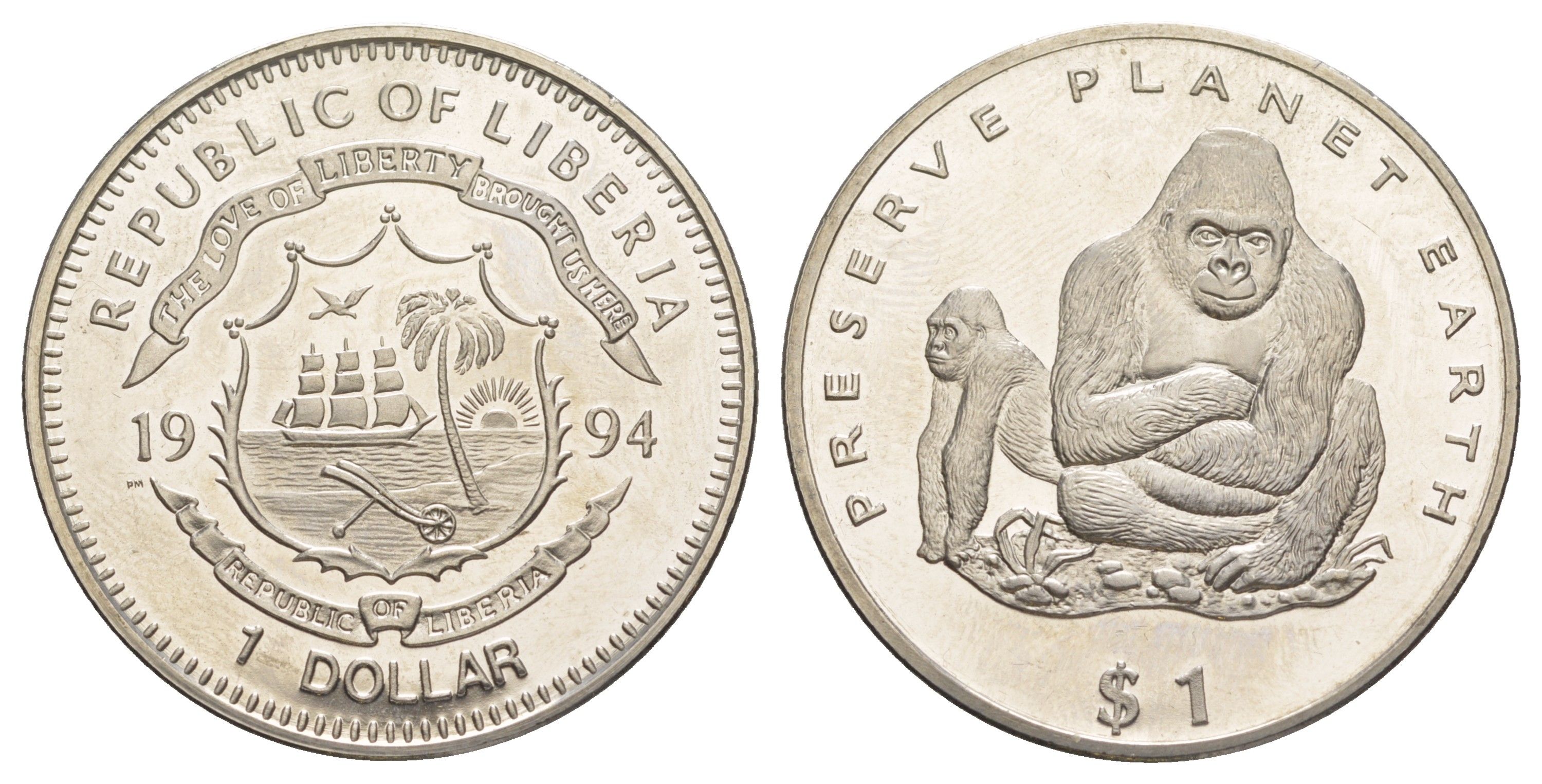 Либерия 1 доллар 1994 Сохраним планету Земля - Горилла KM 118 медно-никель BU 00-1067-2-43