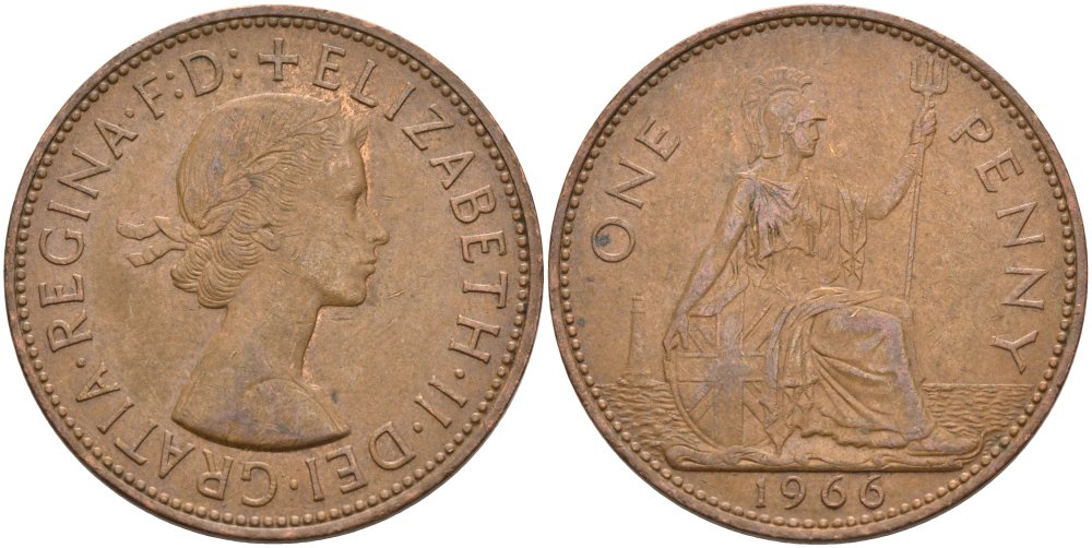 Великобритания 1 пенни 1966 Елизавета II (1952-2022) KM 897, Spink 4157 бронза 4574-313