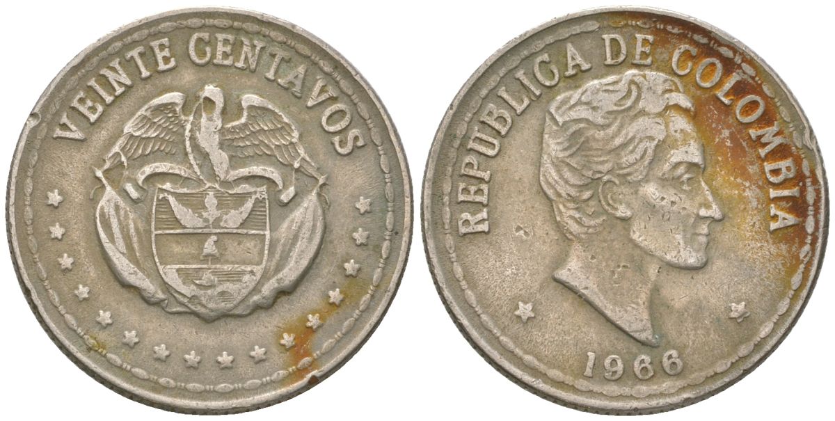 Колумбия 20 сентаво 1966 KM 215 медно-никель 4398-947
