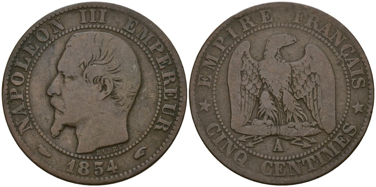Франция 5 сантимов 1854 A- Париж, Наполеон III (1852 - 1870) KM 777 бронза 51-915