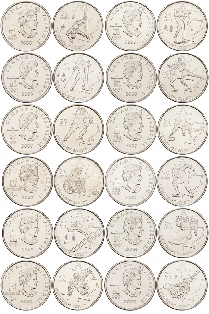 Канада лот из 12 монет по 25 центов 2007-2009 XXI Зимние Олимпийские игры 2010 года в Ванкувере никелированная сталь UNC M47-19