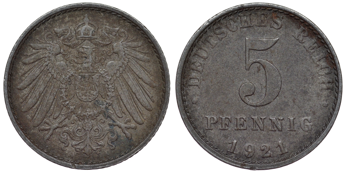 Германия 5 пфеннигов 1921 A KM 19, J. 297, Weege 5 железо 4118-1236