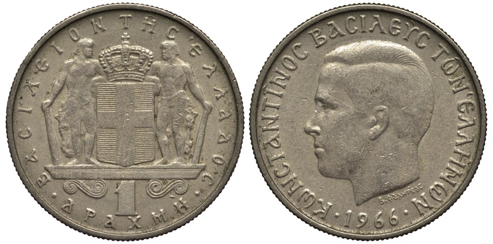 ГРЕЦИЯ 1 ДРАХМА 1966 КОНСТАНТИН II (1964-1973) KM 89 медно-никель 4538-1041