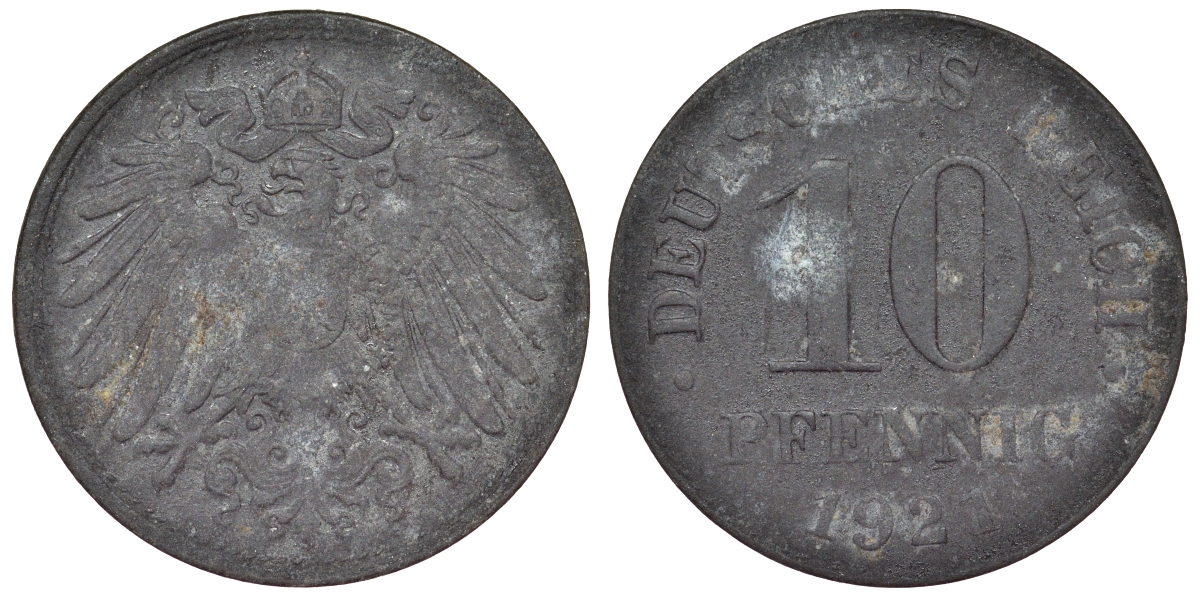 Германия 10 пфеннигов 1921 KM 26, J. 299, Weege 8 цинк 4119-1031