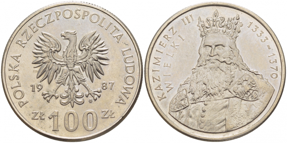 ПОЛЬША 100 ЗЛОТЫХ 1987 MW, КАЗИМИР III ВЕЛИКИЙ (1333-1370) KM 167 медно-никель UNC 3996-112