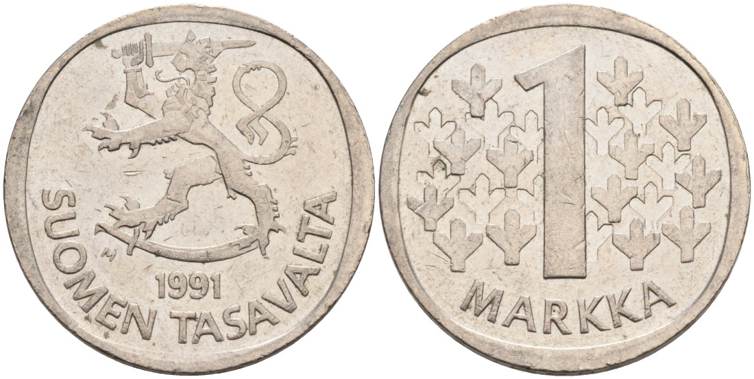 ФИНЛЯНДИЯ 1 МАРКА 1991 M KM 49a медно-никель 4563-543