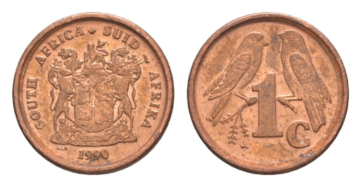ЮАР 1 цент 1990 герб, капские воробьи KM 132 сталь плакированная медью aUNC 4608-564