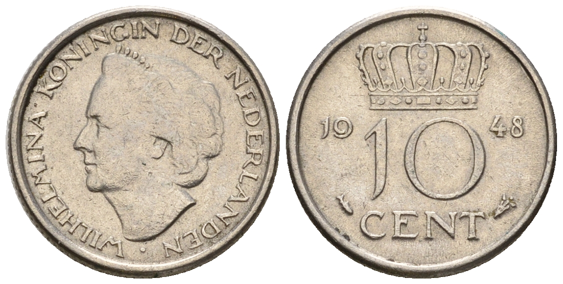 Нидерланды 10 центов 1948 Вильгельмина (1895-1948) KM 177 никель 220-537
