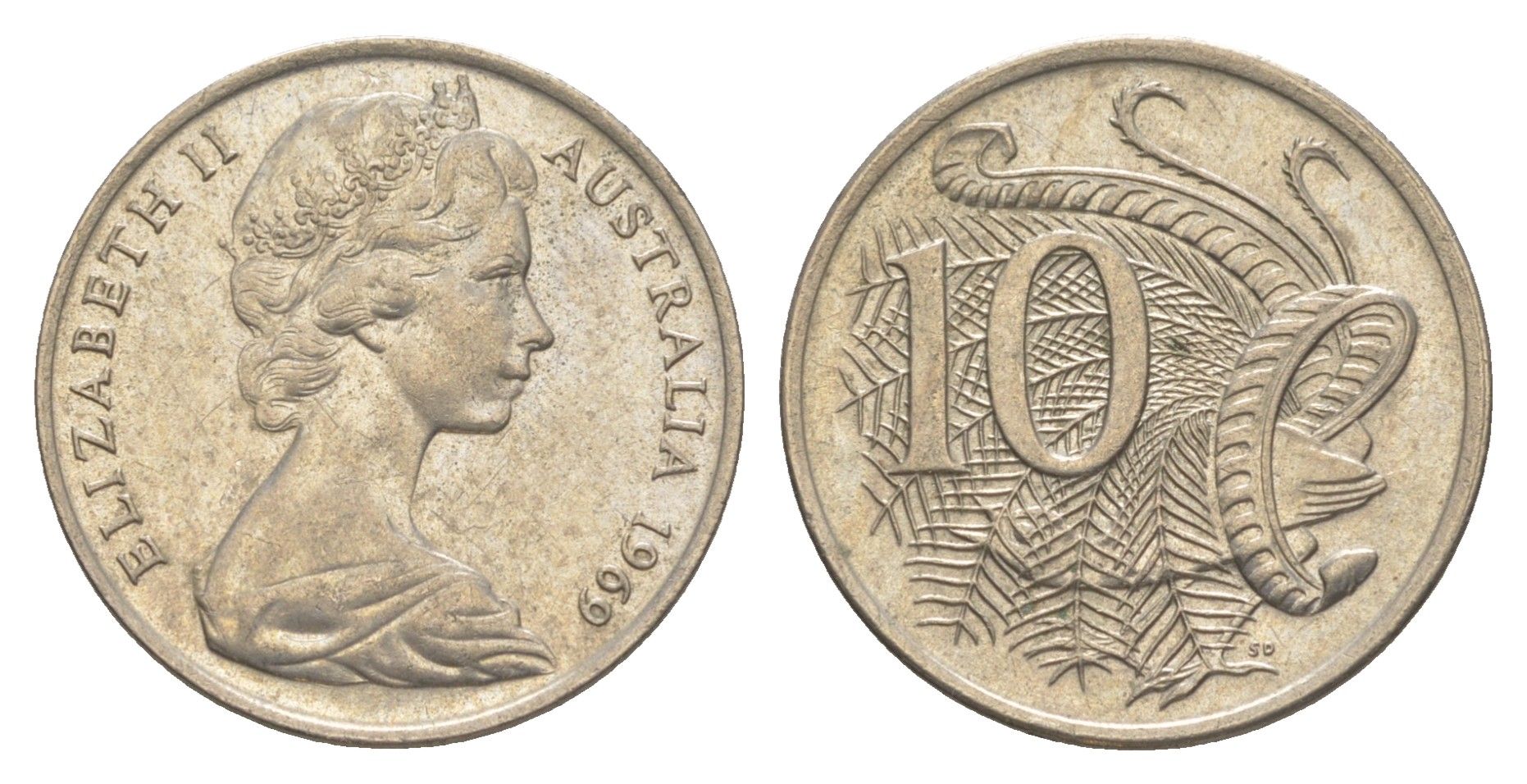 Австралия 10 центов 1969 Елизавета II (1952-2022), птица лирахвост KM 65 медно-никель 4364-4514
