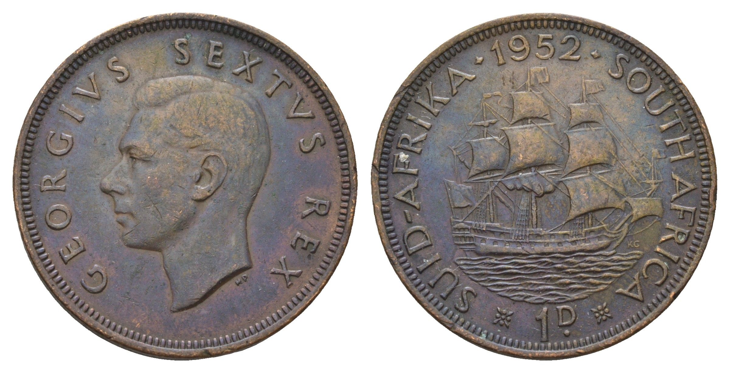 ЮАР 1 пенни 1952 Георг VI (1936-1952) KM 34.2 бронза 4531-213