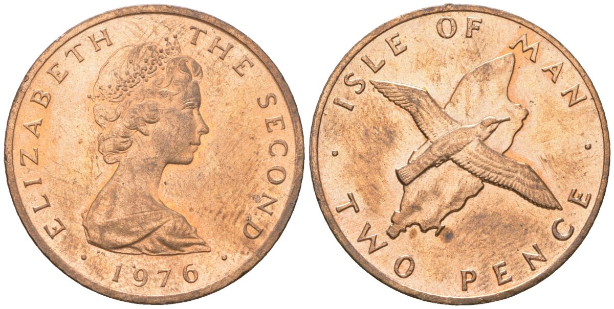 Остров Мэн 2 пенса 1976 птица, Елизавета II (1952-2022) KM 34 бронза UNC 4119-253