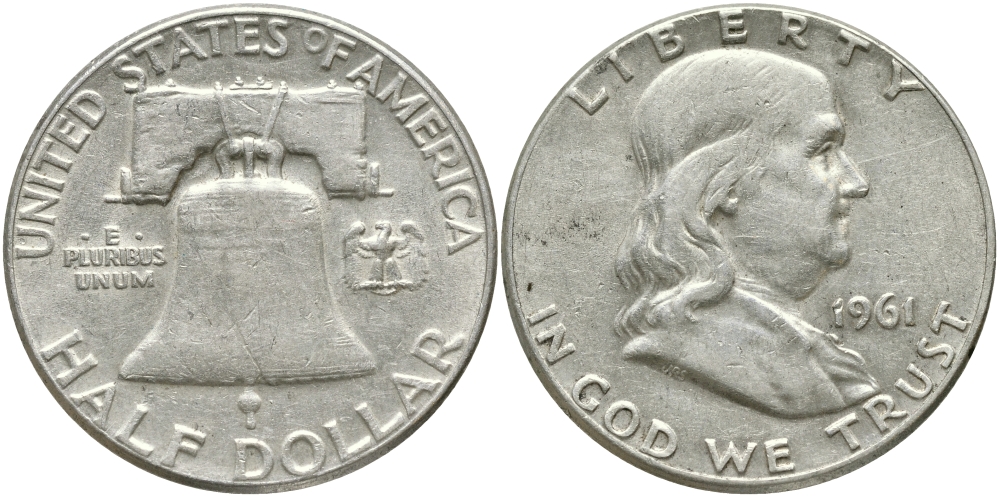 США 1/2 доллара (50 центов) 1961 ФРАНКЛИН, КОЛОКОЛ KM 199 серебро 84-736