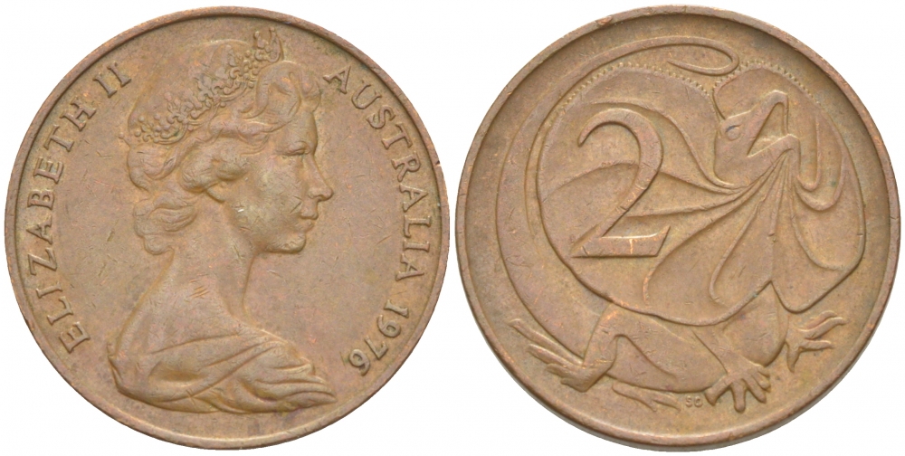 АВСТРАЛИЯ 2 ЦЕНТА 1975 ЕЛИЗАВЕТА II, МОЛОДОЙ ПОРТРЕТ, ПЛАЩЕНОСНАЯ ЯЩЕРИЦА (FRILLED LIZARD) KM 63 бронза 4539-945