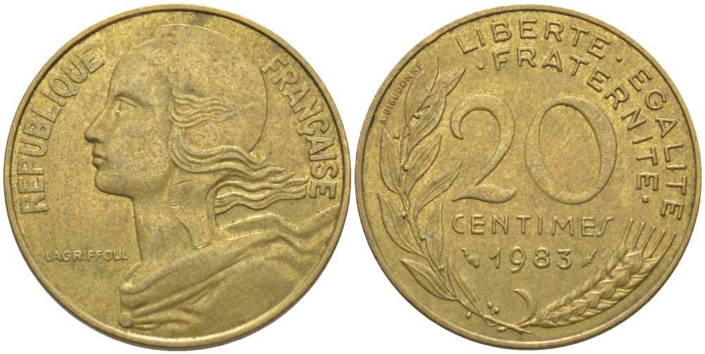 ФРАНЦИЯ 20 САНТИМОВ 1983 ТИП MARIANNE KM 930, LE FRANC 156.23 медь алюминий никель 175-847