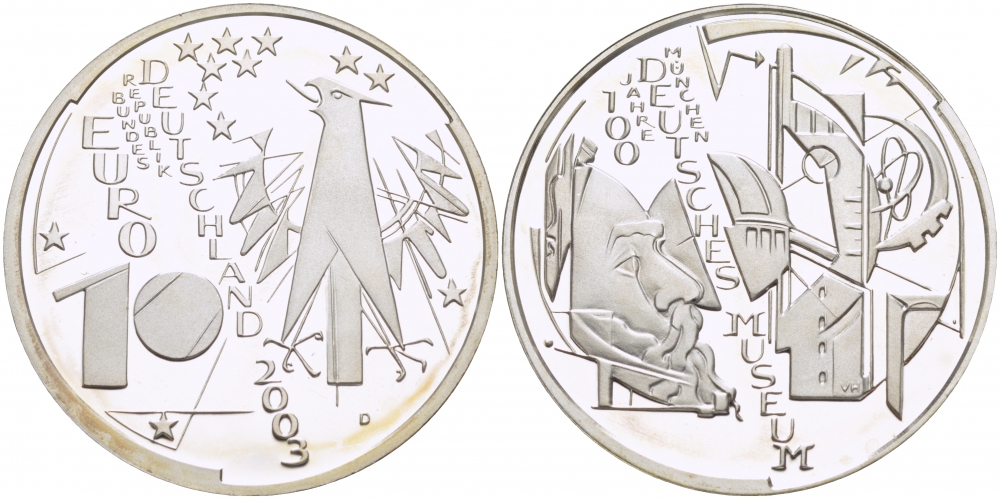 ФРГ 10 евро 2003 D, 100 лет немецкому музею в Мюнхене KM 225, DE.S. 10.6 серебро PROOF 1082-9-11