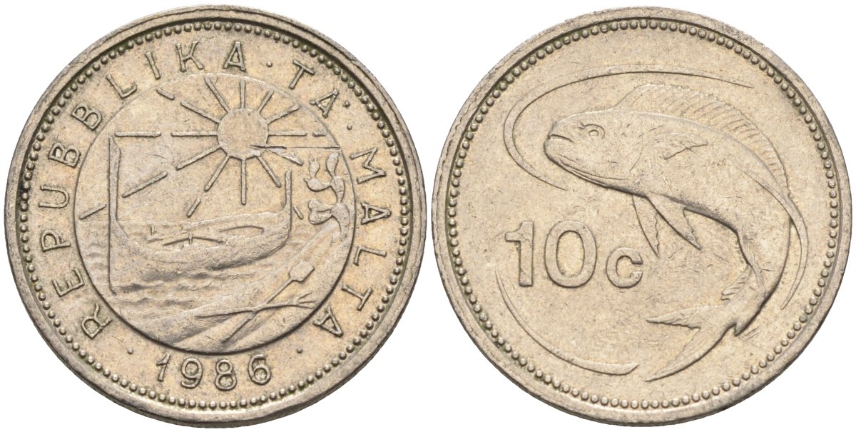 Мальта 10 центов 1986 золотая макрель KM 76 медно-никель 4588-152