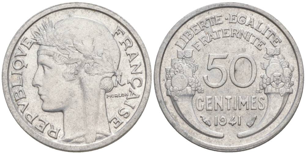 ФРАНЦИЯ 50 САНТИМОВ 1941 ТИП MORLON LOURDE KM 894.1a, LE FRANC 193.2 алюминий 44-327