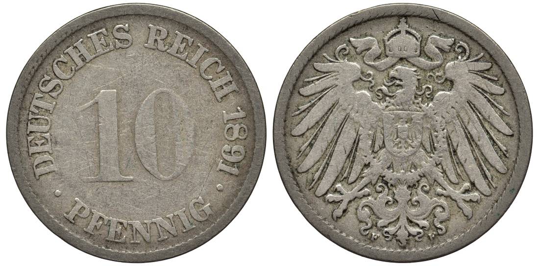ГЕРМАНИЯ 10 ПФЕННИГОВ 1891 F KM 12, Jager 13, Weege 8 медно-никель 4513-743