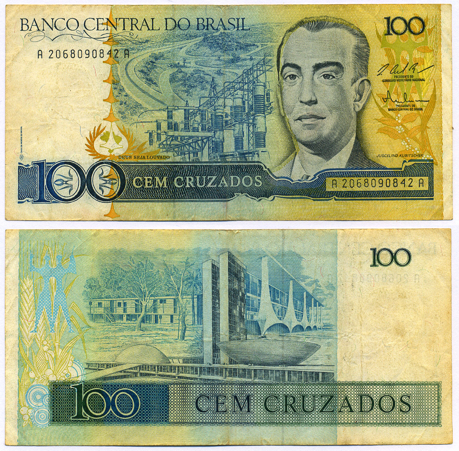 БРАЗИЛИЯ 100 КРУЗАДО 1987 ПОДПИСЬ 25, ЖУСЕЛИНУ КУБИЧЕК Pick 211c бумага 8564-50-2