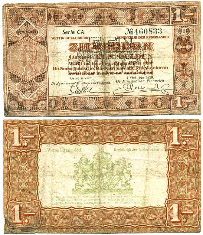 Нидерланды 1 гульден 1938 серебряный ваучер, в серии 2 буквы, 6 цифр Pick 61, Akkermans 4.1 b  бумага 7146-22-1-1