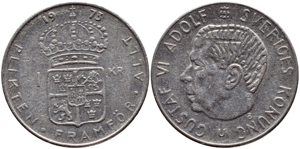 Швеция 1 крона 1973 Густав VI Адольф (1950-1973) KM 826а медь плакированная медно-никелем 4395-516