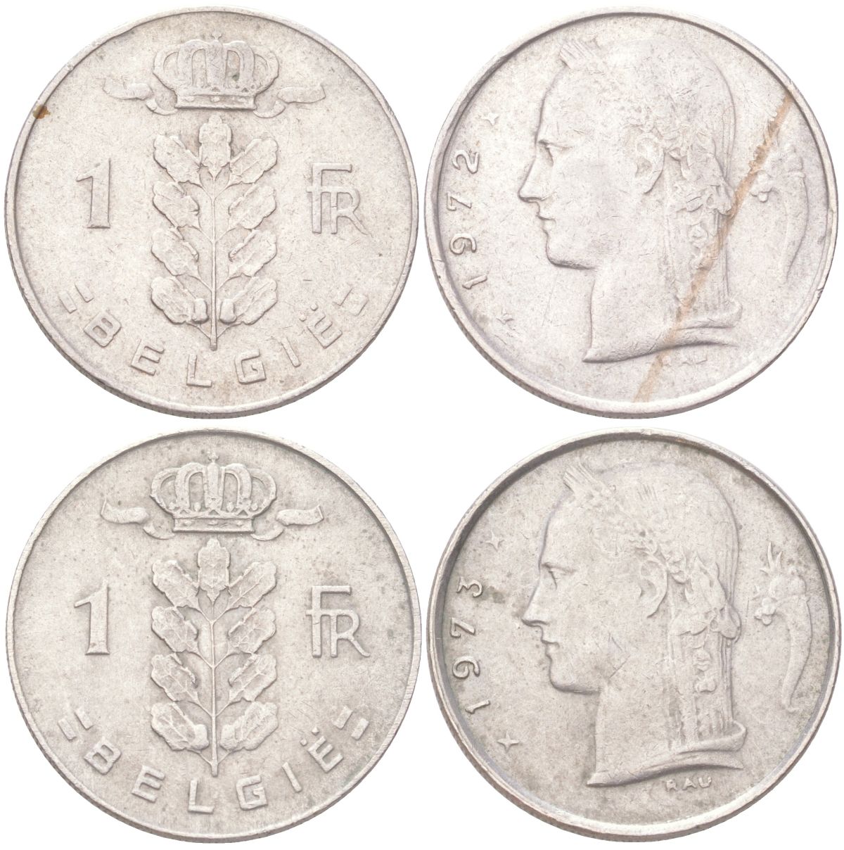 Бельгия набор из 2 монет разных типажей (1 франк) 1972 и 1973 Belgique и Belgie, Бодуэн I (1951-1993) KM 142 и 143 медно-никель 4611-1022-1023