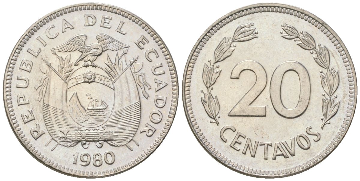 Эквадор 20 сентаво 1980 KM 77.2a сталь плакированная никелем aUNC 4611-718