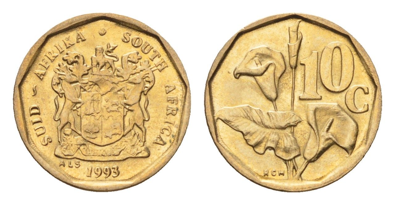ЮАР 10 центов 1993 герб, цветок алоэ KM 135 сталь плакированная бронзой UNC 4694-656