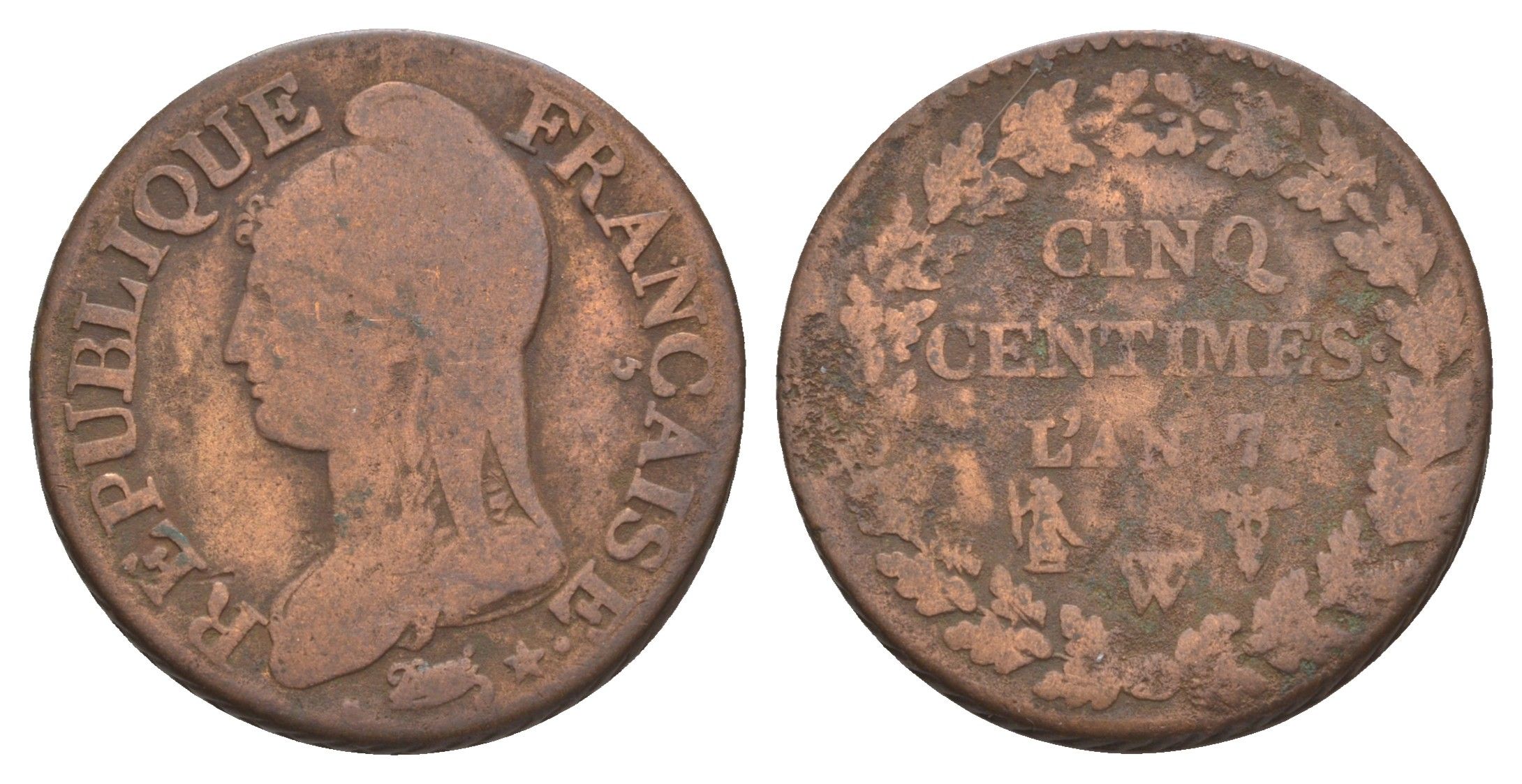 Франция 5 сантимов 1798 Lan 7, W KM 640, Le Franc 115/50 медь 4657-915