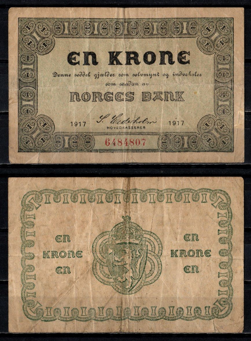 Норвегия 1 крона 1917 Pick 13 a (2) бумага 6300-11-1-2