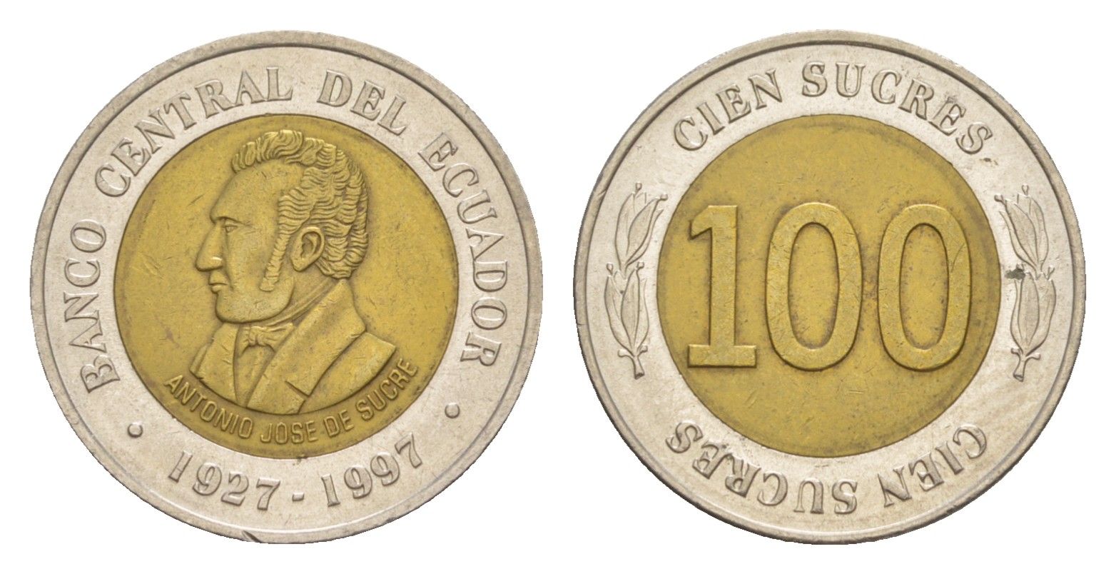 Эквадор 100 сукре 1997 70 лет Центробанку KM 101 биметалл UNC 4640-1252