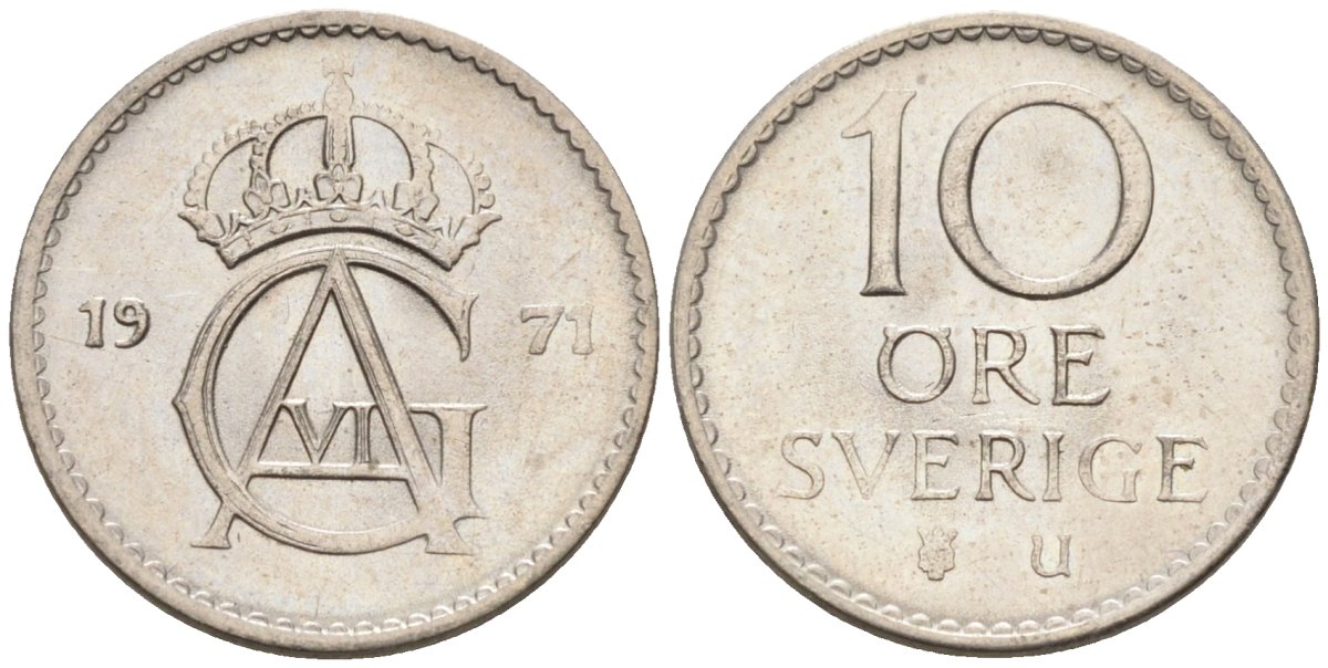 Швеция 10 эре 1971 Густав VI Адольф (1950-1973) KM 835 медно-никель UNC 4585-422
