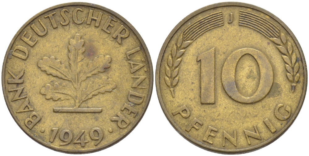 ФРГ 10 ПФЕННИГОВ 1949 J KM 103, J. 378 сталь плакированная латунью 4182-733