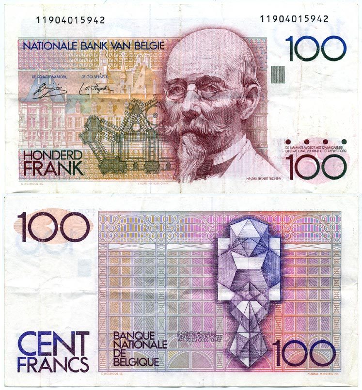 БЕЛЬГИЯ 100 ФРАНКОВ 1978-1981 ПОДПИСЬ (3 И 9), АРХИТЕКТОР ХЕНДРИК БЕЙЕРТ Pick 140а бумага 444-100-1-1
