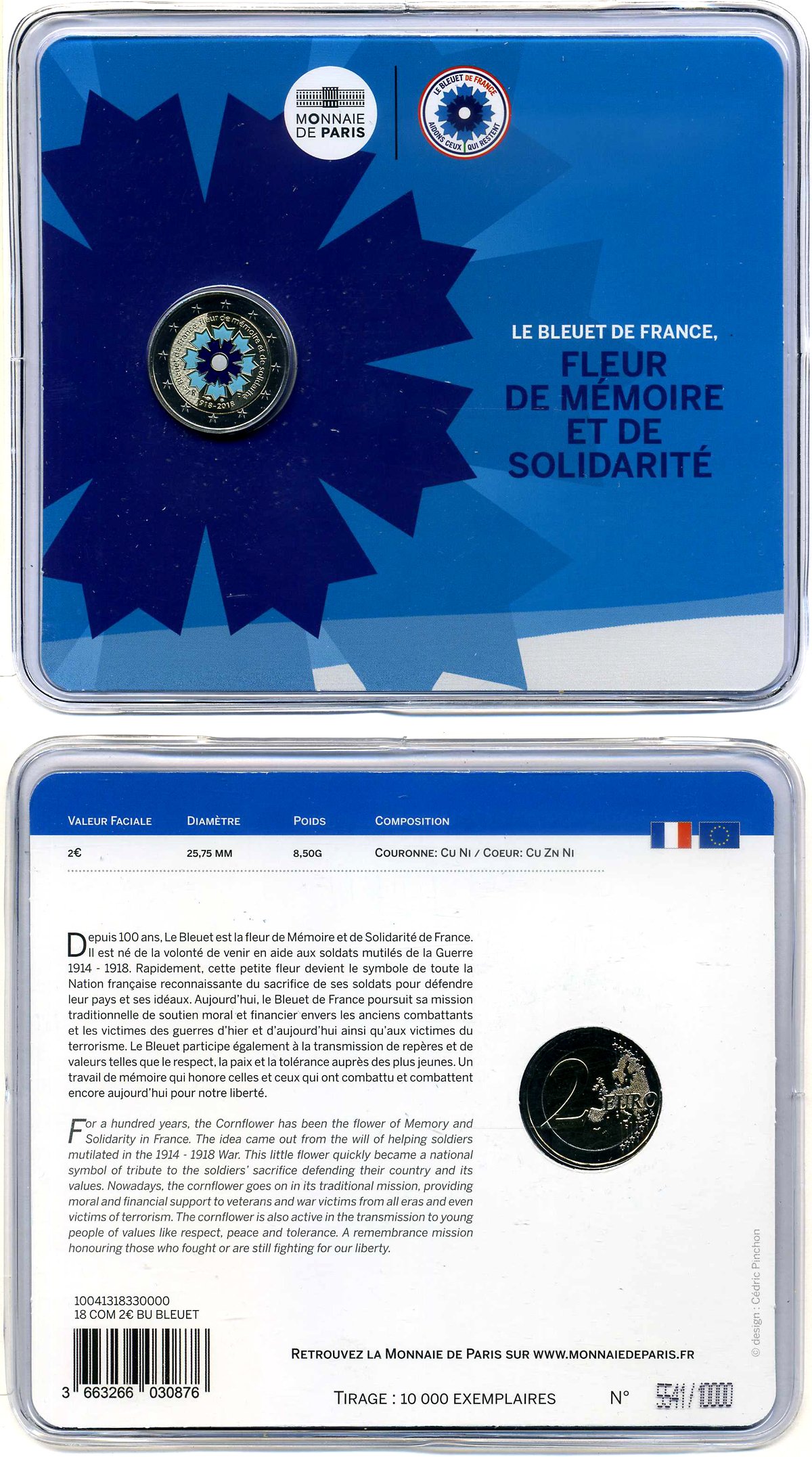 Франция 2 евро 2018 100 лет со дня окончания первой мировой войны (1918-2018), цветная эмаль, буклет, пластик, запайка KM 106 биметалл BUNC 966-6-1