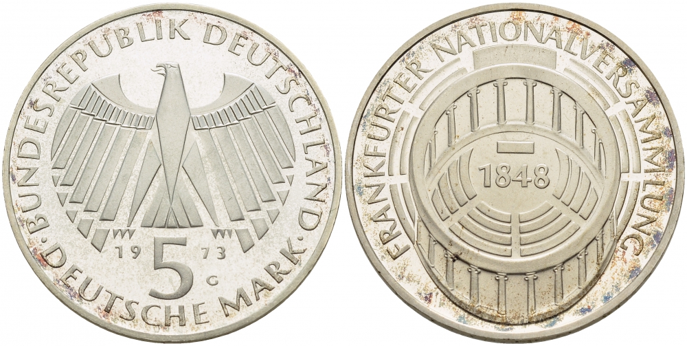 ФРГ 5 марок 1973 G, 125 лет Франкфуртскому парламенту J. 412, KM 137 серебро PROOF 1087-3-22