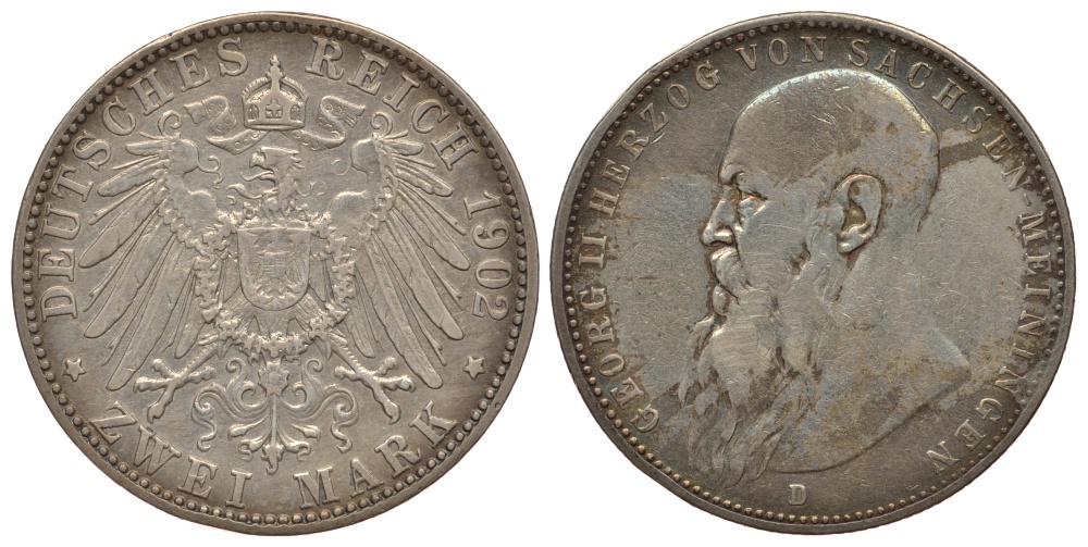 Саксен-Майнинген 2 марки 1902 D, Георг II, герцог Саксен-Мейнингена (1866-1914) Weege 147b, J. 151b, KM 199 серебро 00-812-60