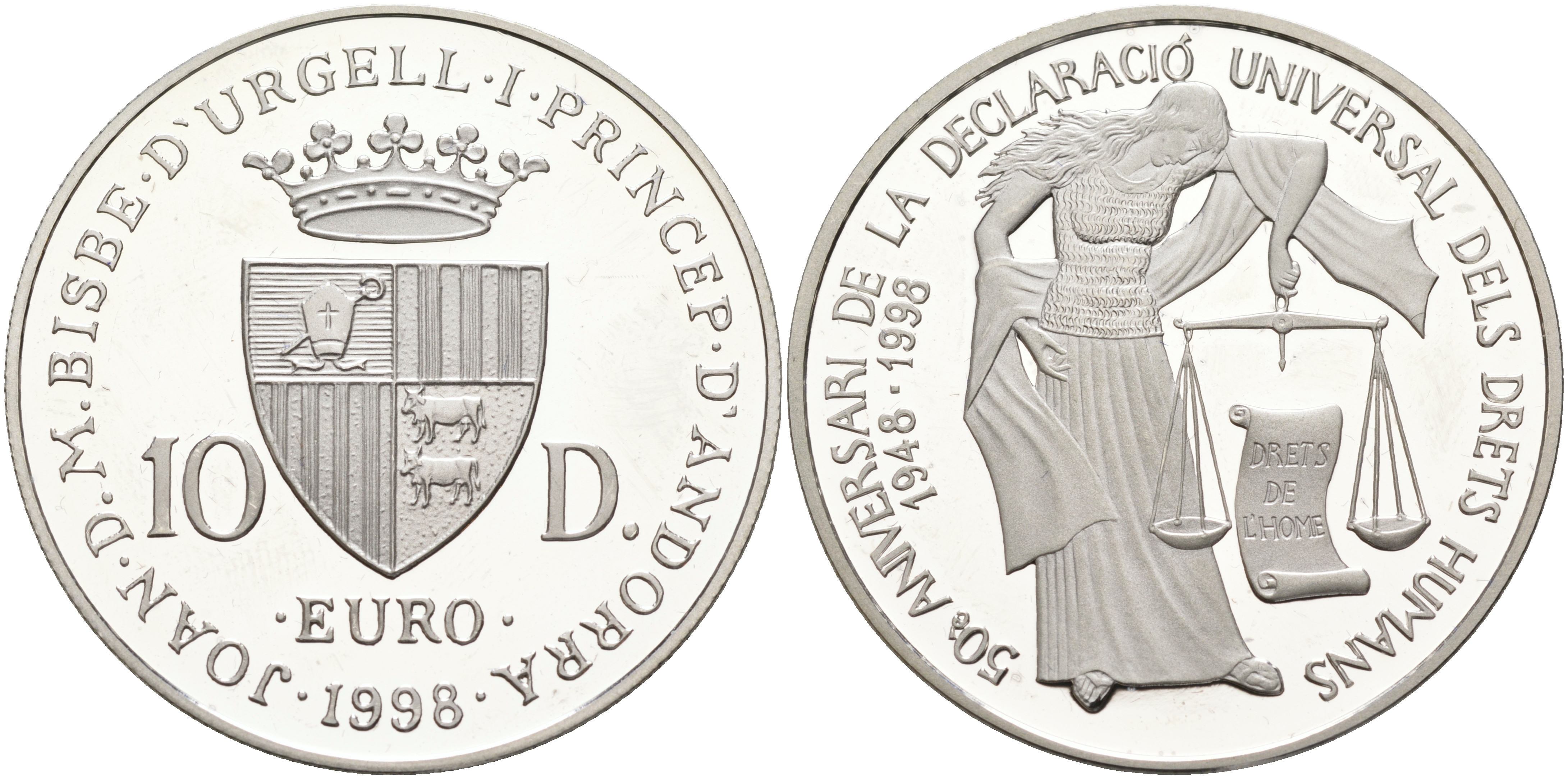Андорра 10 динеров 1998 50 лет подписанию декларации по правам человека KM 143 серебро PROOF 11-203-23