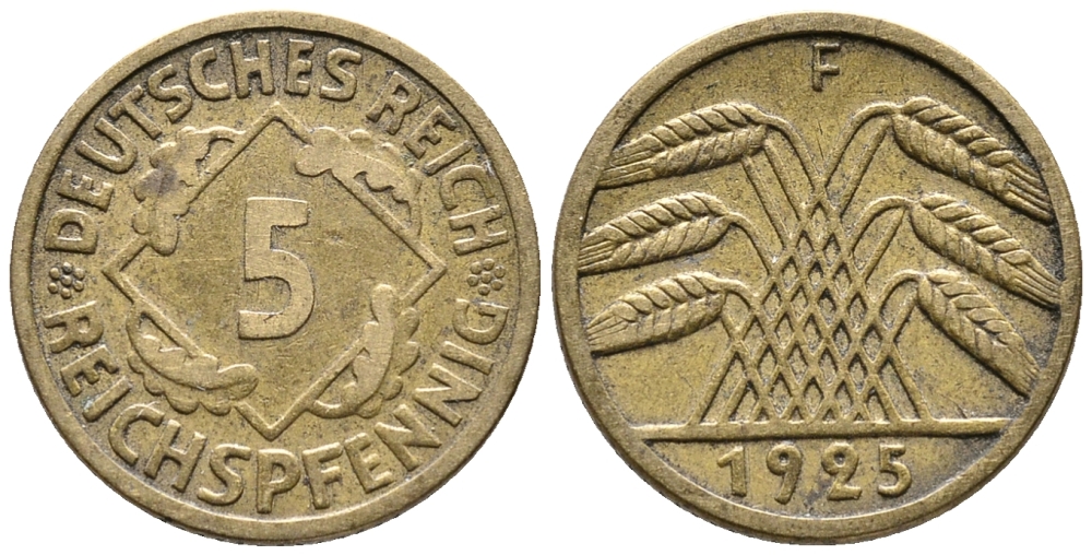 ГЕРМАНИЯ 5 РЕЙХСПФЕННИГОВ 1925 F KM 39, J. 316 алюминиевая бронза 39-541