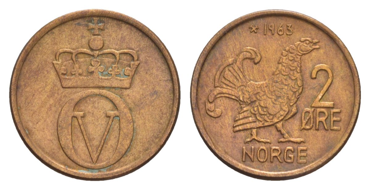 Норвегия 2 эре 1963 Улаф V (1957-1991) KM 410 бронза 4635-341