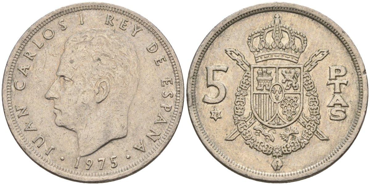 Испания 5 песет 1975 (78) Хуан Карлос I (1975-2014) KM 807 медно-никель 4155-634