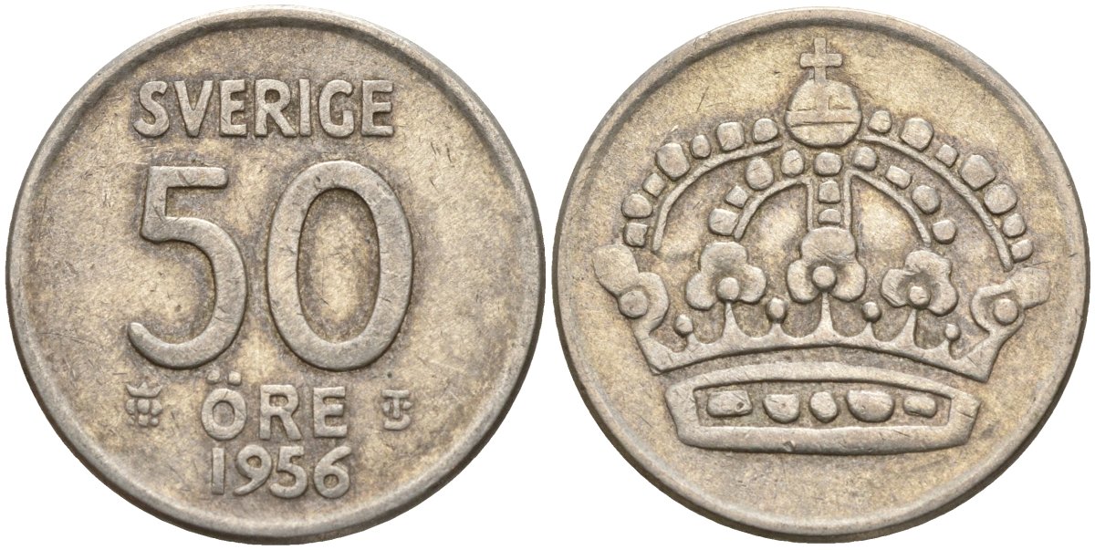 Швеция 50 эре 1956 TS, Густав VI Адольф (1950-1973) KM 825 серебро 4148-936